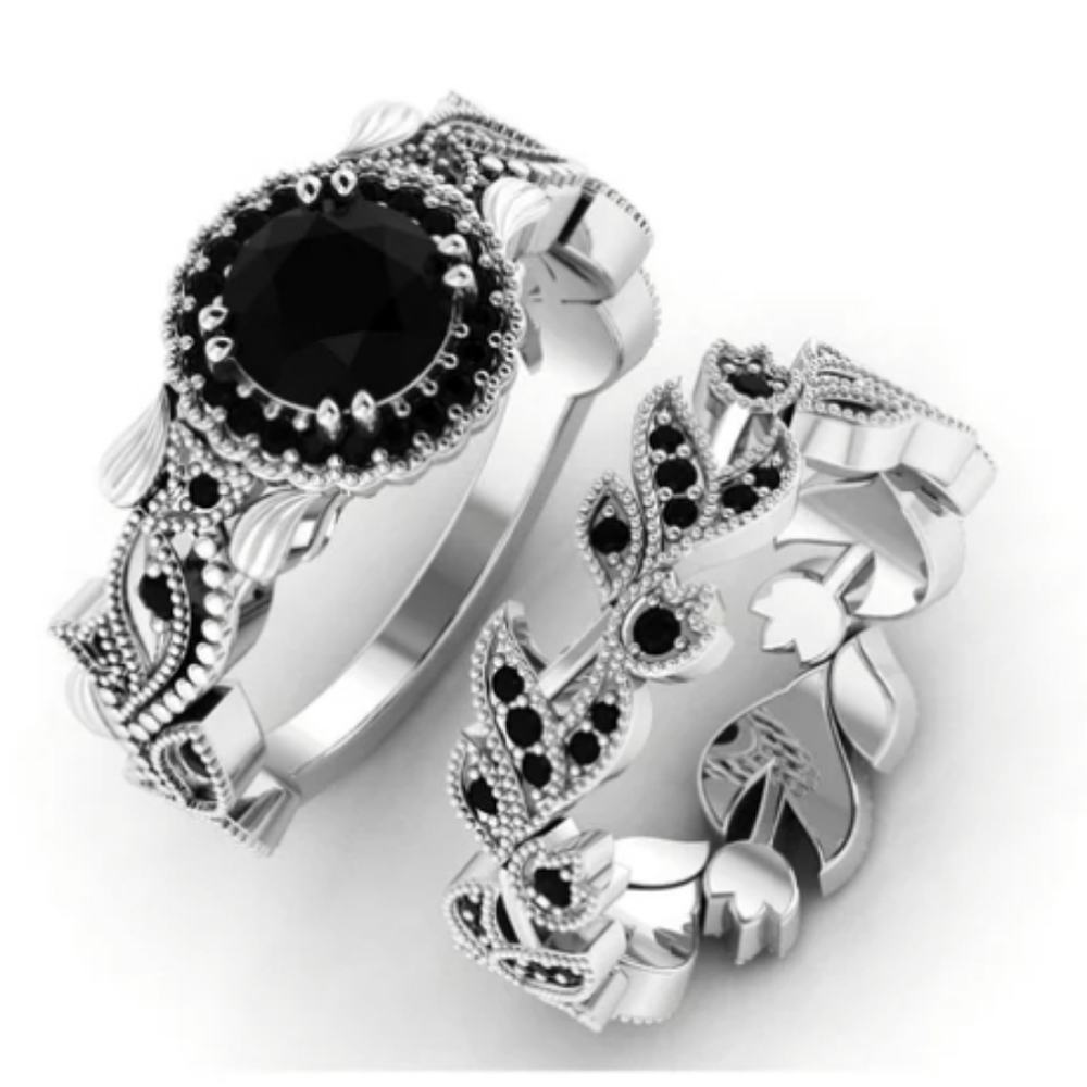 Black Crystal Flower & Vine Ring Set